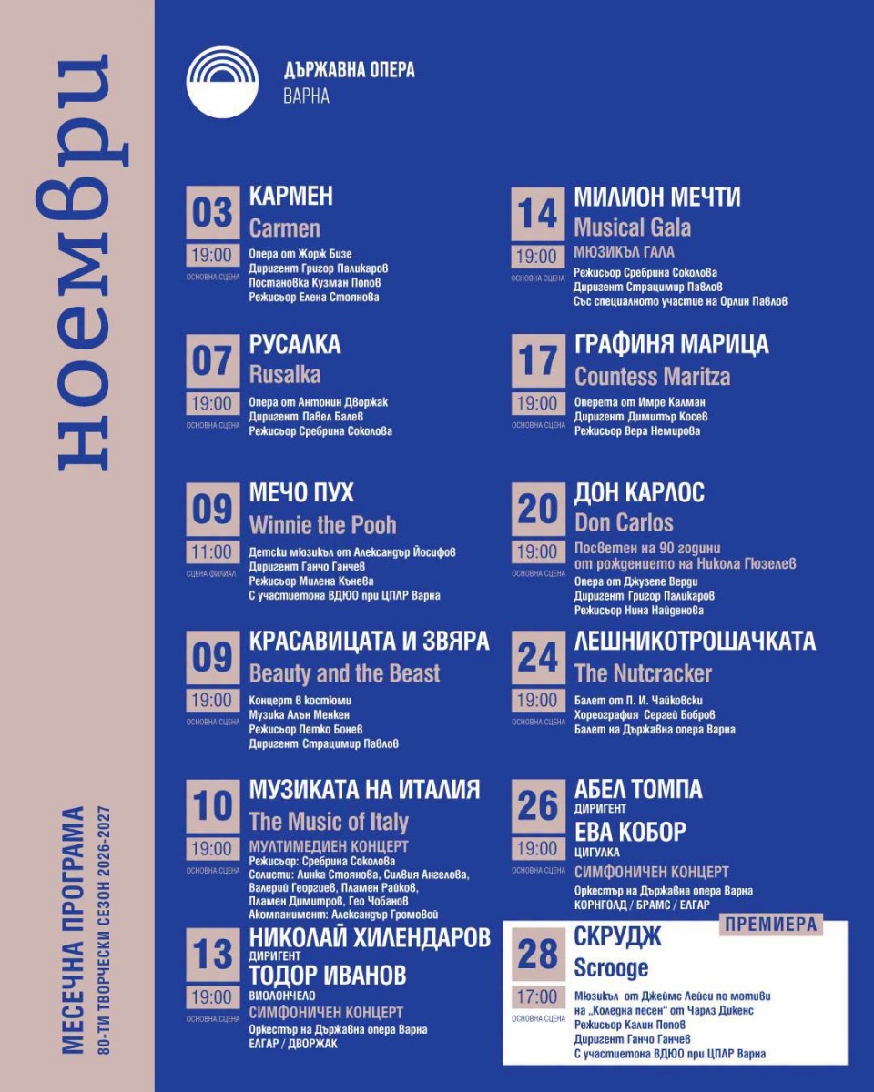 Programme de l'Opéra d'État de Varna, novembre 2026